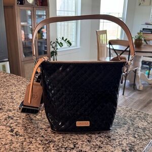 Consuela Black Quilted Shoulder Bag with Tan Strap
